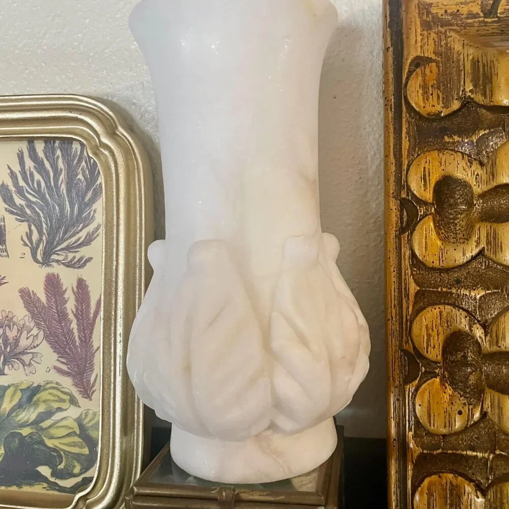 Vintage Hand-Carved Alabaster Vase Creamy White Stone Decorative Urn Leaf Design - Picture 9 of 10